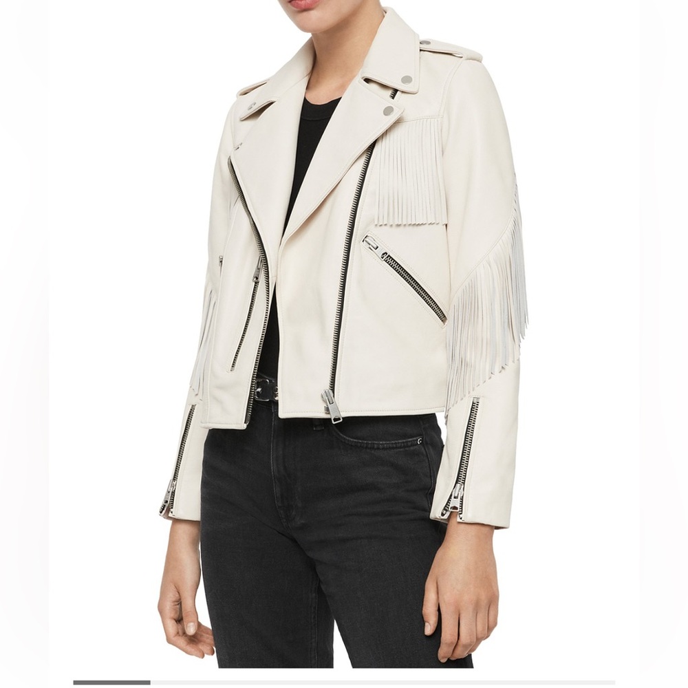 All Saints Cream Leather Fringe Jacket